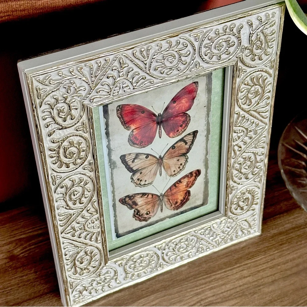 Bohemian Butterfly Vintage Style Postcard Art Print Framed Ornate Gold White